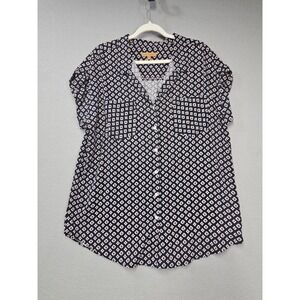 Jachs Girlfriend Navy White Geometric Diamond Rayon Button Down Top XL